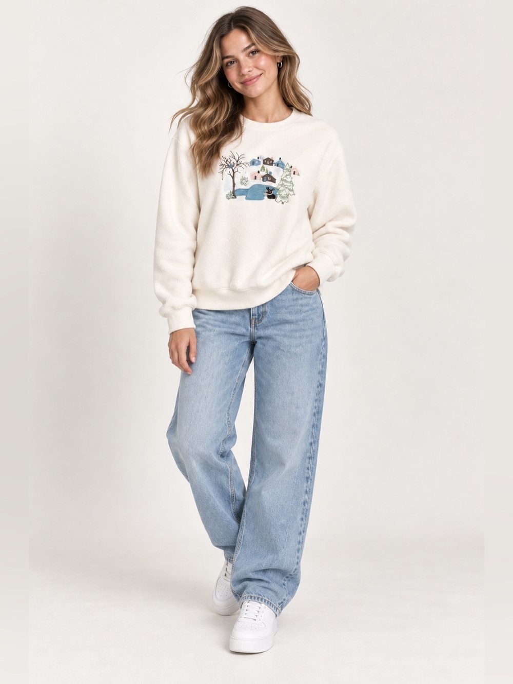 Alfred Dunner Winter Village Embroidered Fleece Sweatshirt Medium Cottagecore
